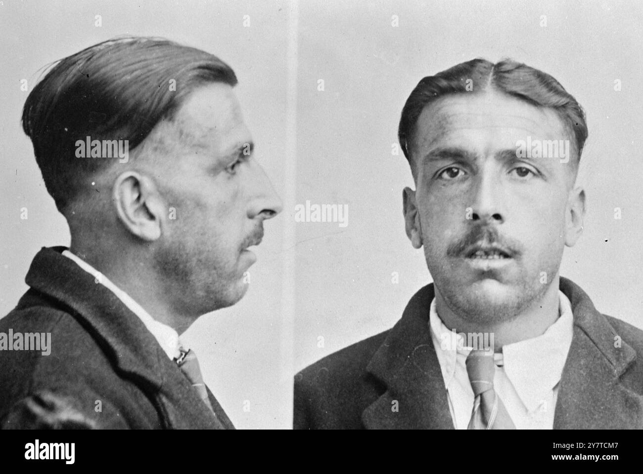 ESCAPED FROM BROADMOOR   Pictured here is Ernest Roberts, 35, from Cheshire, who escaped with another inmate (Kenneth Frank Williams of Bristol) from Broadmoor institution, the criminal lunatic asylum near Cawthorne, Berks . The men had left dummies in their beds. Roberts is 5'8' tall and has dark hair, eyebrows and moustache . He has a swarthy complexion and scars on his left hand and head, there is also a scald scar on his left foot. Roberts was sent to Broadmoor in August, 1947, after being sentenced for larceny at Preston. Roberts and Williams are now the subjects of an intensive search. Stock Photo