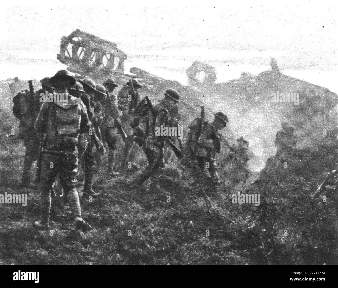 The breaking of the Hindenburg Line : British tanks and infantry advancing to the attack.October 1918 Stock Photo