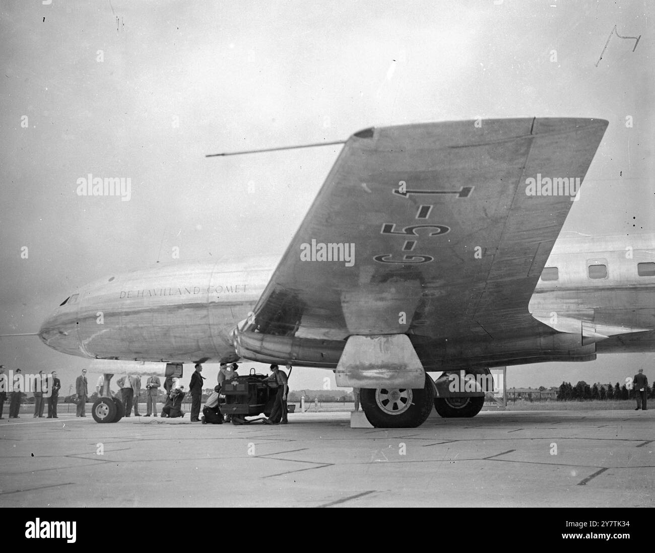 Hatfield  , England :  The De Havilland Aircraft Company 's ' Comet ' jet-propelled airliner - in which there is hope of retrieving the leeway lost in the war when Britain concentrated on combat aircraft - is wheeled out of the factory here for the first time.  This latest experiment in aviation history - the Comet - being the only fully-jet airliner in the world - is powered by four de Havilland ' Ghost ' jet engines , and it is expected to cruise at almost 500 miles an hour - the London-Sydney journey , for instance , will take 36 hours.  The plane , carrying 36 passengers and a crew of four Stock Photo