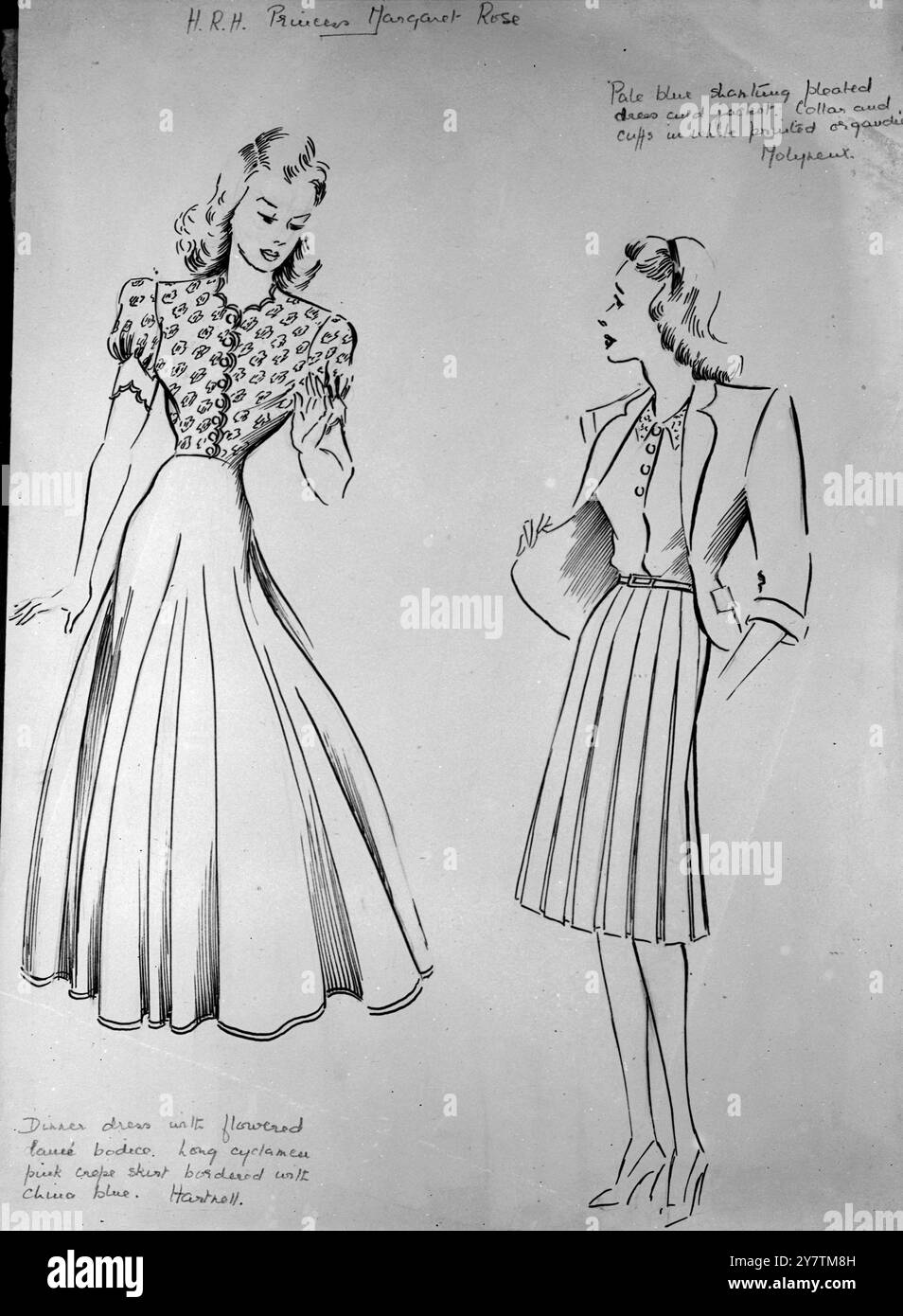 Sketches show what Queen and Princesses will wear in South AfricaTwo dresses for Princess Margaret .  Left is a dinner dress by Norman Hartnell with flowered lance bodice and long cyclamen pink crepe skirt bordered with china blue .  Right is a pale blue shantung pleated dress and  jacket by Edward Molyneux .  Collar and cuffs are in white printed  organdie .  17 February 1947 Stock Photo