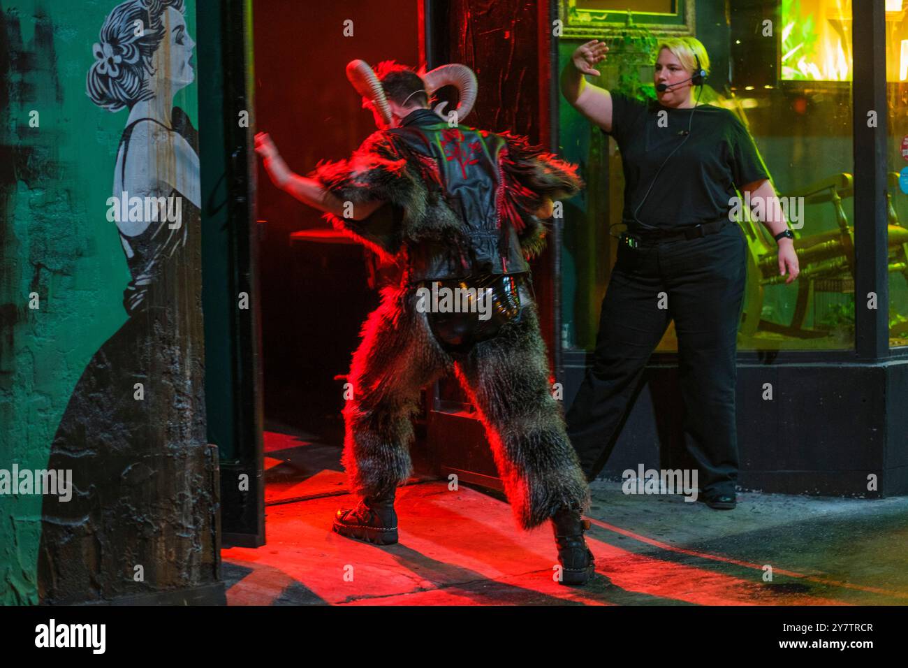 Performer about to make an entrance from Hollywood Boulevard, The Walk of Fame,, Hollywood, Los Angeles, California, United States of America Stock Photo