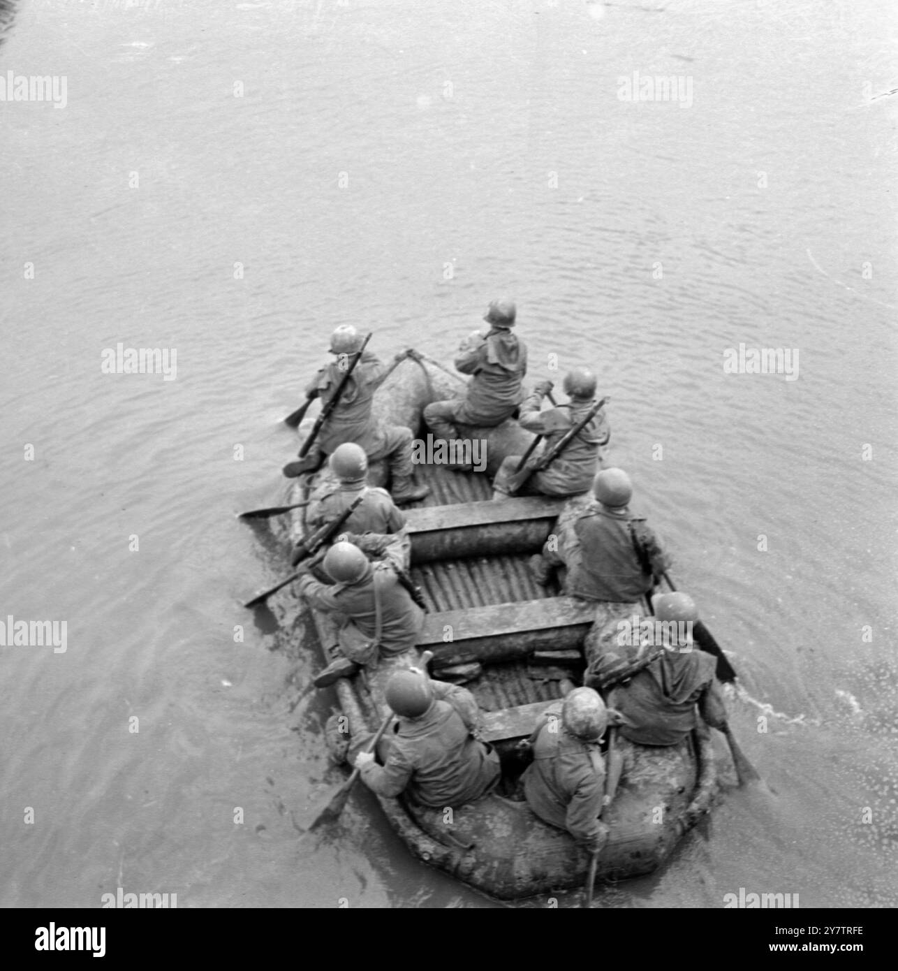 7th Army assault troops in rubber dinghy practice river crossing ...