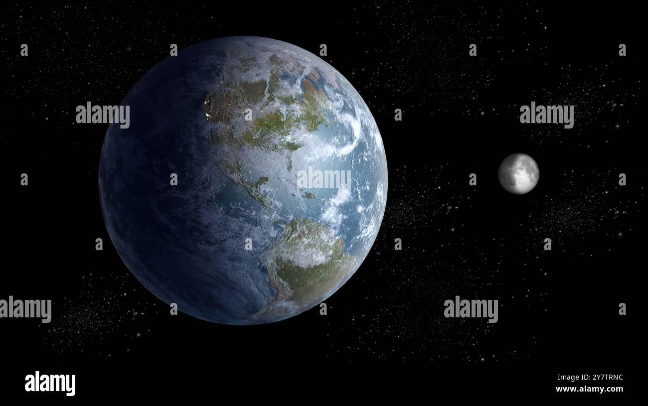 Rendered realistic illustration of Earth and the Moon in space, showing ...