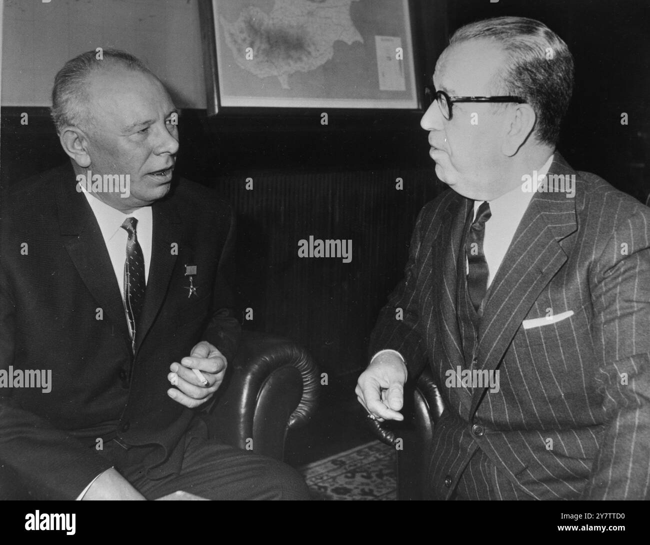 491162 TURKISH-SOVIET TALKS ANKARA, TURKEY :  SOVIET  COMMUNIST PARTY CENTRAL COMMITTEE AND PRESIDIUM MEMBER NICOLAI PODGORNY (LEFT) PICTURED WITH TURKISH FOREIGN MINISTER FERIDUN CEMAL ERKIN DURING THEIR TALKS IN ANKARA JANUARY 5TH ON THE FUTURE OF TURKISH-SOVIET RELATIONS. LATER IN THE DAY, WHEN MR.PODGORNY, WHO IS HEADING A SOVIET PARLIAMENTARY DELEGATION TO TURKEY - THE FIRST IN THIRTY YEARS - VISITED THE TURKISH NATIONAL ASSEMBLY THERE WERE ANGRY SCENES OF PROTEST OVER AN ADDRESS GIVEN BY MR. PODGORNY WHICH SOME DEPUTIES ALLEGED WAS 'COMMUNIST PROPAGANDA.' 5 JANUARY 1965 Stock Photo