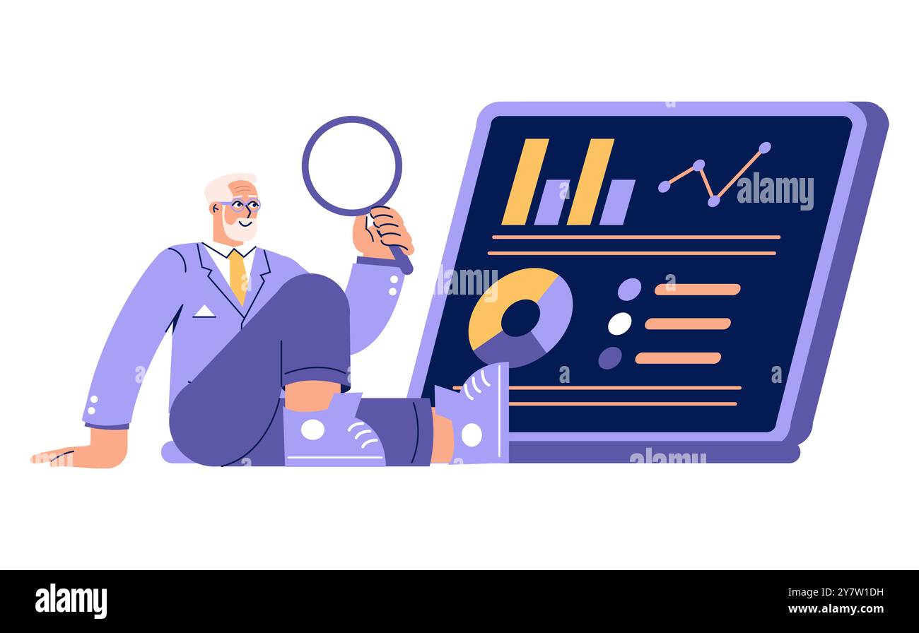 Senior executive analyzes data trends with a magnifying glass, seated ...