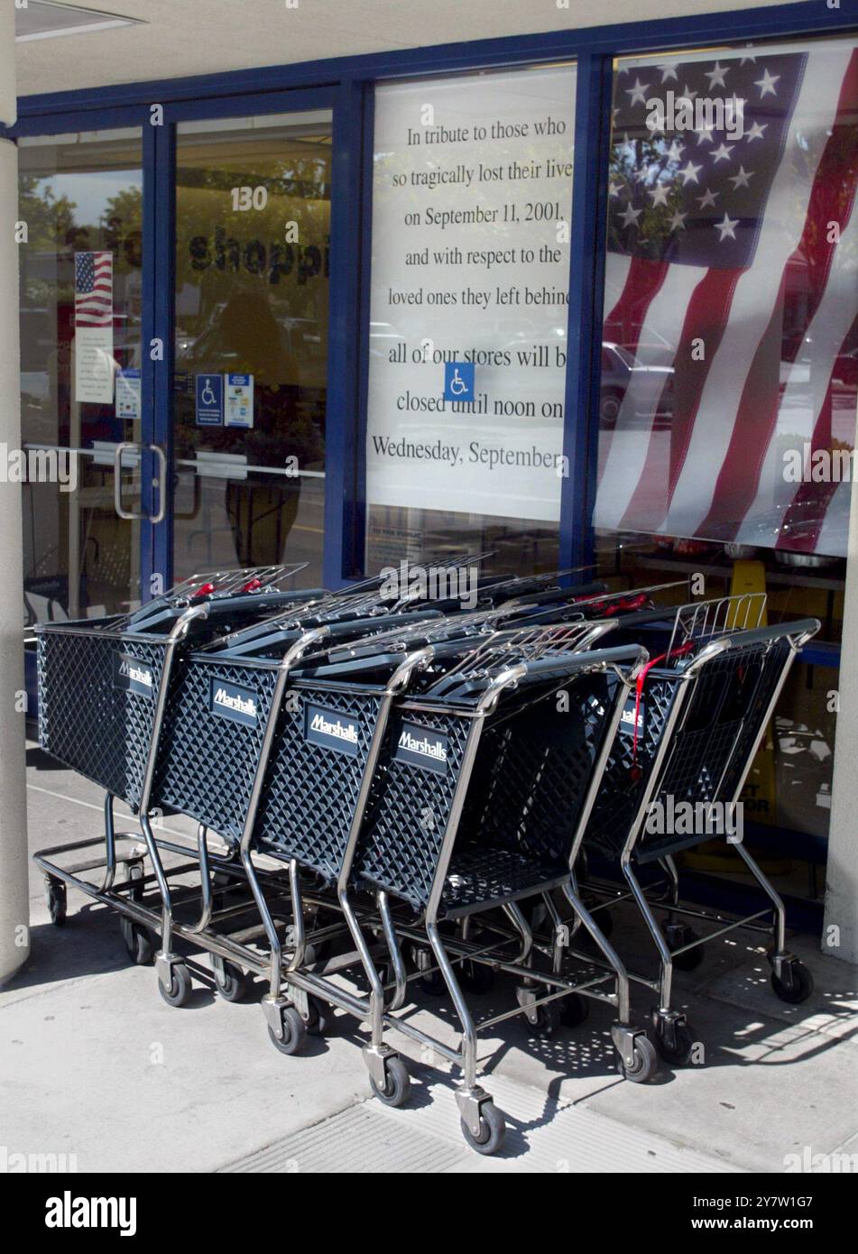 Mountain View, California - Marshalls Department Stores were closed from 10am to noon on Wednesday, September 11, 2002 in observance of seven employees that were lost aboard one of plane that crashed into the World Trade Center. The seven Marshall Department Store employees were on a buying trip flying from Boston to Los Angeles.  Marshall headquarter is in Boston, MA. Stock Photo