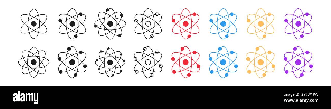 Set of atom icons with colored versions, black silhouettes, black ...