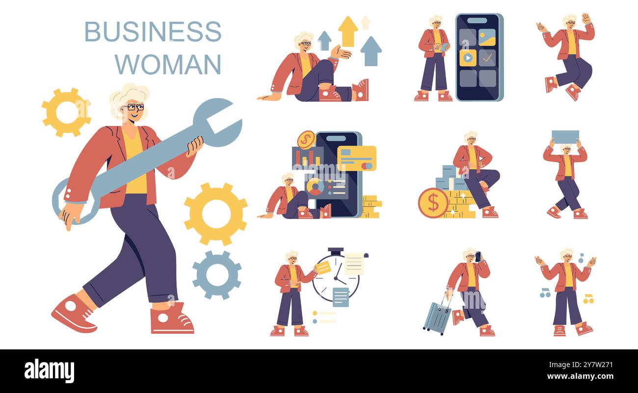 Businesswoman set. Portrayal of professional female multitasking and achieving success in various business activities. Vector illustration. Stock Vector