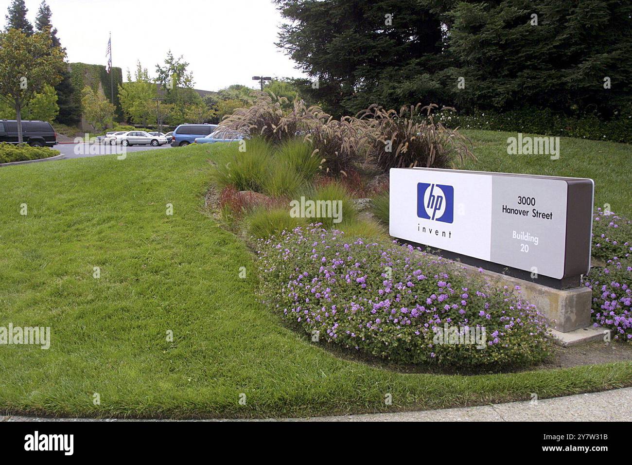 Palo Alto, California:   Hewlett-Packard corporate headquarters. Palo Alto based Hewlett-Packard is buying rivial Compaq for $25 billion. The combined company, to be headed by HP Chief Executive Carleton 'Carly' Fiorina, will be the second largest in the country, behind industry leader IBM.  July 30, 2001. Stock Photo