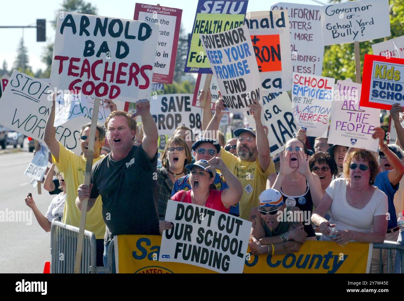 MENLO PARK, CALIFORNIA.,-- Close to 500 protesters picketed outside the Stanford Park Hotel where California Governor Arnold Schwarzenegger was attending a fundraising dinner on Wednesday, June 22, 2005.  Governor Schwarzenegger has suddenly become one of the most unpopular governors in modern California history, with an approval rating of 31 percent. Stock Photo