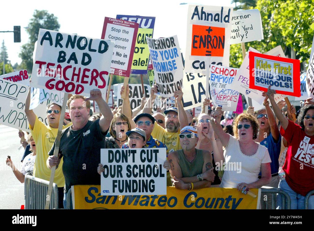 MENLO PARK, CALIFORNIA.,-- Close to 500 protesters picketed outside the Stanford Park Hotel where California Governor Arnold Schwarzenegger was attending a fundraising dinner on Wednesday, June 22, 2005.  Governor Schwarzenegger has suddenly become one of the most unpopular governors in modern California history, with an approval rating of 31 percent. Stock Photo