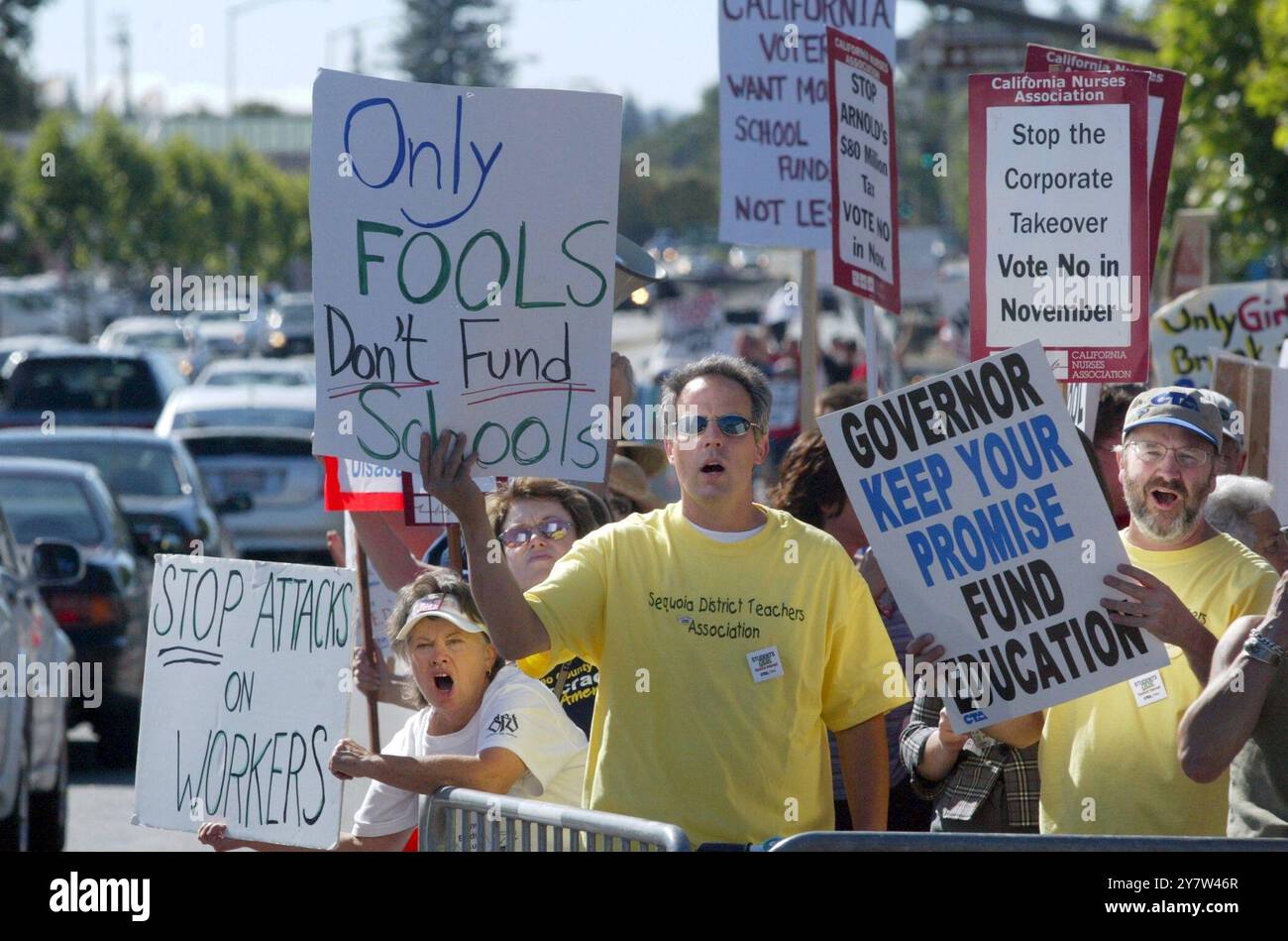 MENLO PARK, CALIFORNIA.,-- Close to 500 protesters picketed outside the Stanford Park Hotel where California Governor Arnold Schwarzenegger was attending a fundraising dinner on Wednesday, June 22, 2005.  Governor Schwarzenegger has suddenly become one of the most unpopular governors in modern California history, with an approval rating of 31 percent. Stock Photo