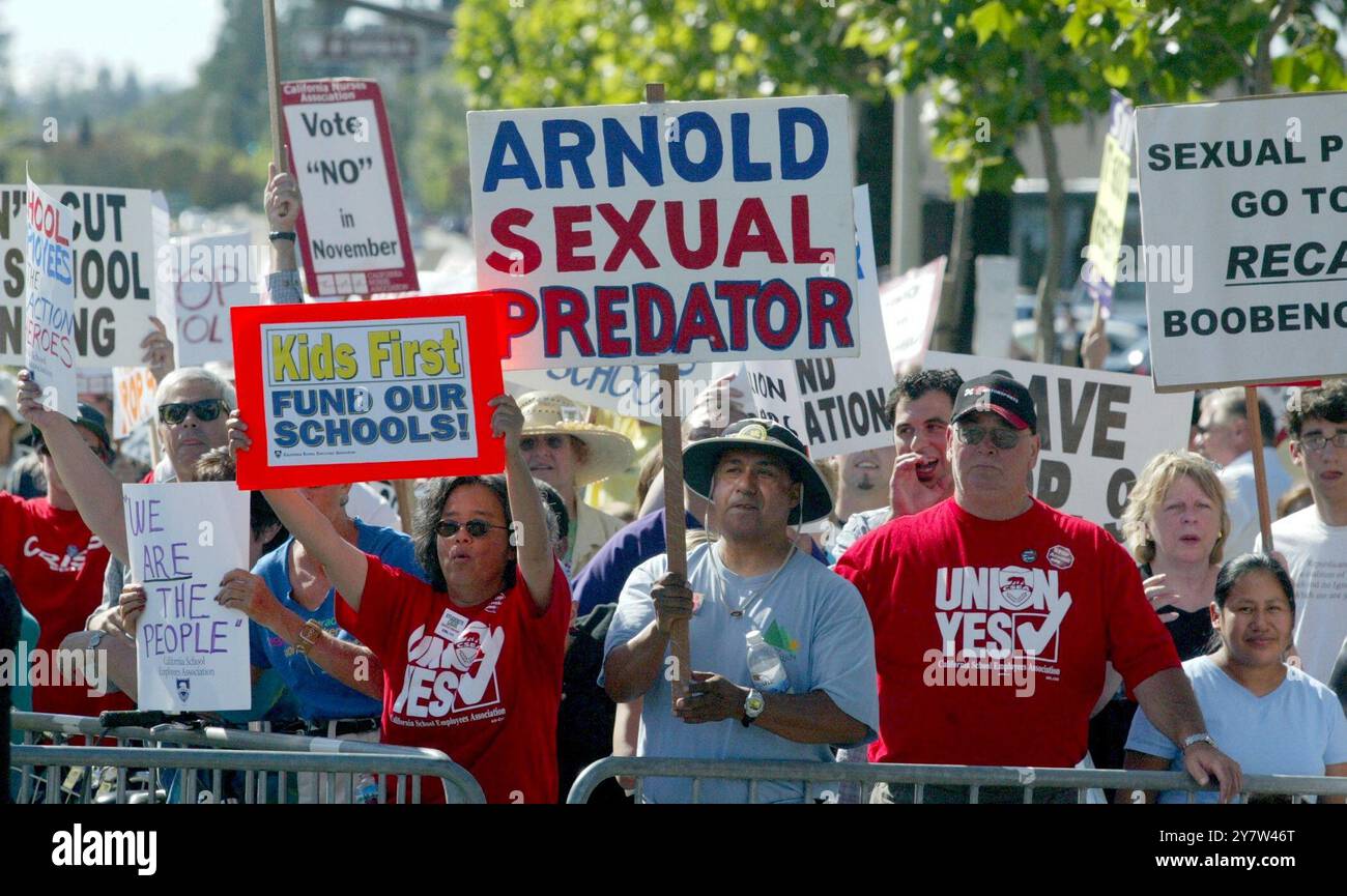 MENLO PARK, CALIFORNIA.,-- Close to 500 protesters picketed outside the Stanford Park Hotel where California Governor Arnold Schwarzenegger was attending a fundraising dinner on Wednesday, June 22, 2005.  Governor Schwarzenegger has suddenly become one of the most unpopular governors in modern California history, with an approval rating of 31 percent. Stock Photo