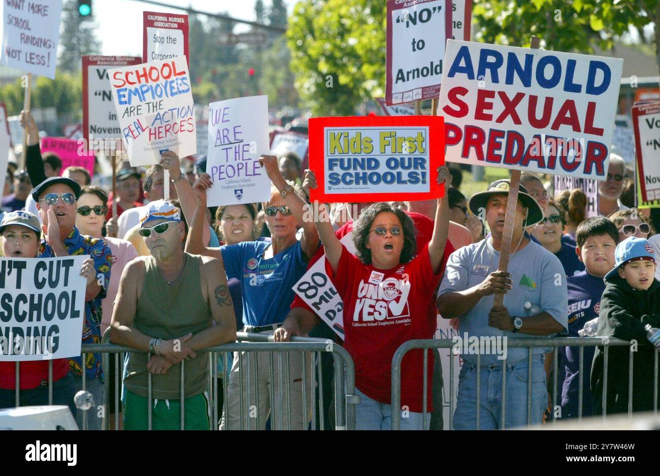 MENLO PARK, CALIFORNIA.,-- Close to 500 protesters picketed outside the Stanford Park Hotel where California Governor Arnold Schwarzenegger was attending a fundraising dinner on Wednesday, June 22, 2005.  Governor Schwarzenegger has suddenly become one of the most unpopular governors in modern California history, with an approval rating of 31 percent. Stock Photo
