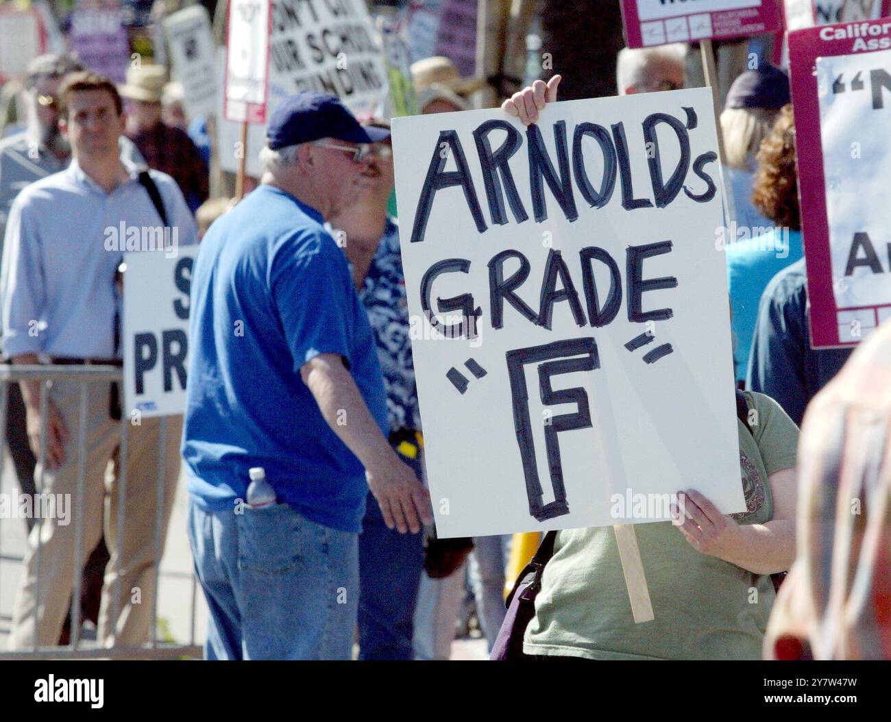 MENLO PARK, CALIFORNIA.,-- Close to 500 protesters picketed outside the Stanford Park Hotel where California Governor Arnold Schwarzenegger was attending a fundraising dinner on Wednesday, June 22, 2005.  Governor Schwarzenegger has suddenly become one of the most unpopular governors in modern California history, with an approval rating of 31 percent. Stock Photo