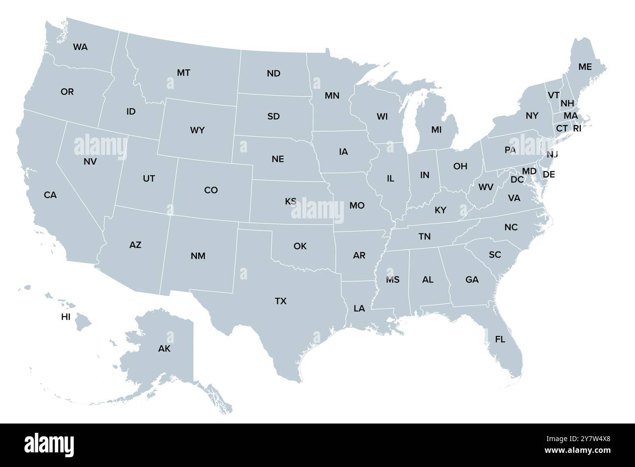 The United States of America, gray political map. Map with the silhouettes of fifty states and postal abbreviations, and with District of Columbia. Stock Photo