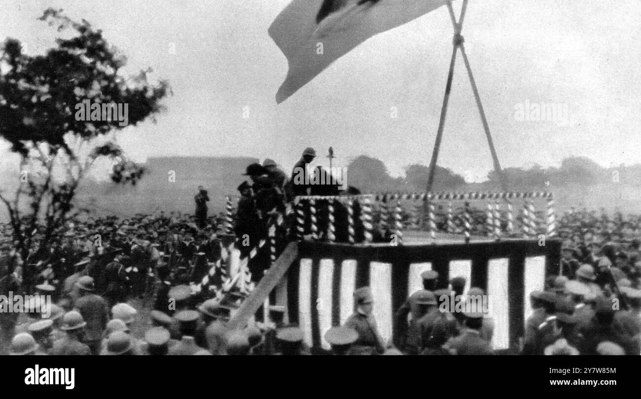 The Bombing of Japanese leaders in Hongkew Park, Shanghai, China, who were celebrating the Emperor's birthday, 29 April 1932.The actual moment the bomb exploded, a scene of confusion as the leaders were falling wounded or beginning to descend the steps. 28 May 1932 Stock Photo