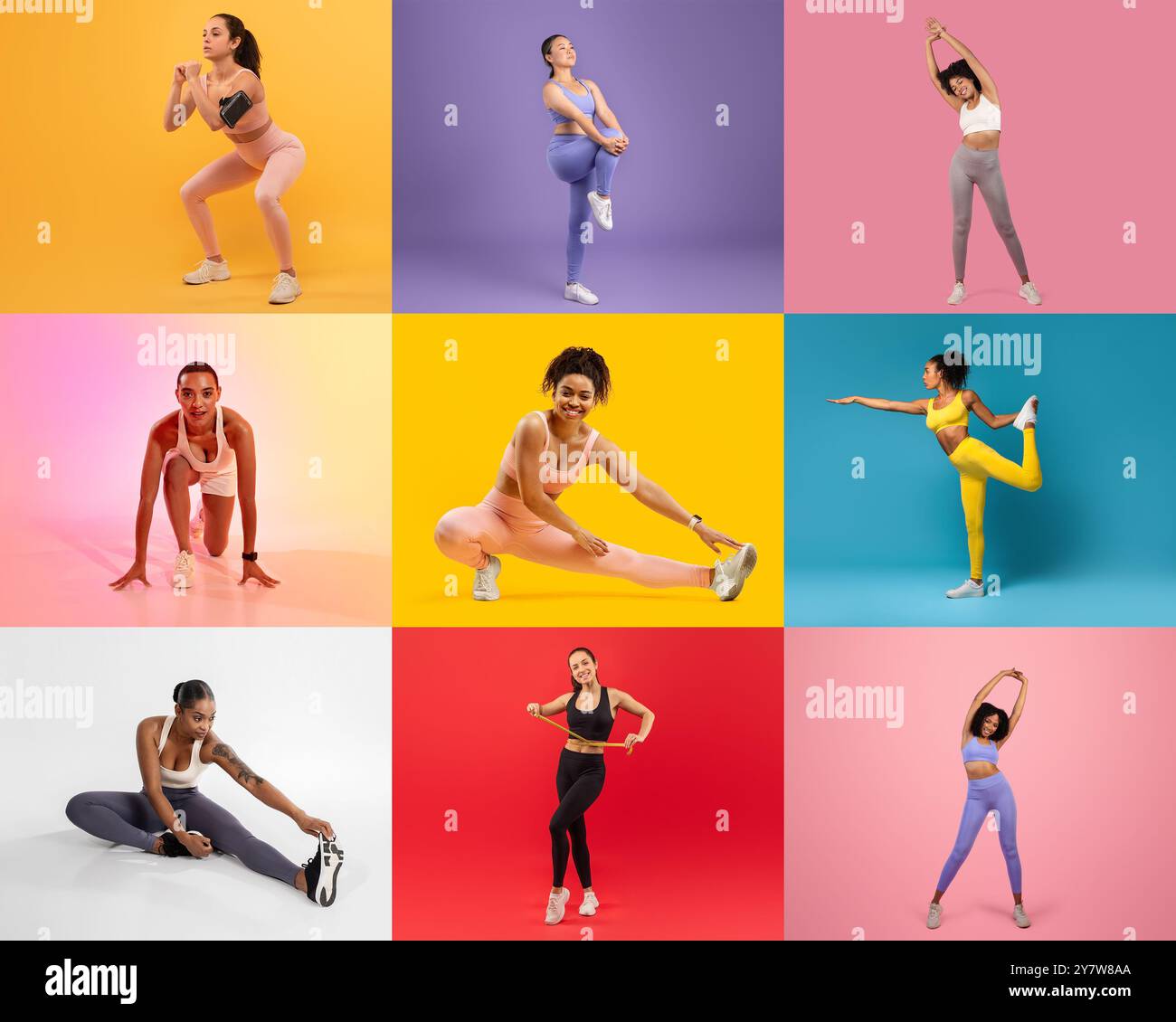 Women practicing various exercises in colorful workout attire at a ...