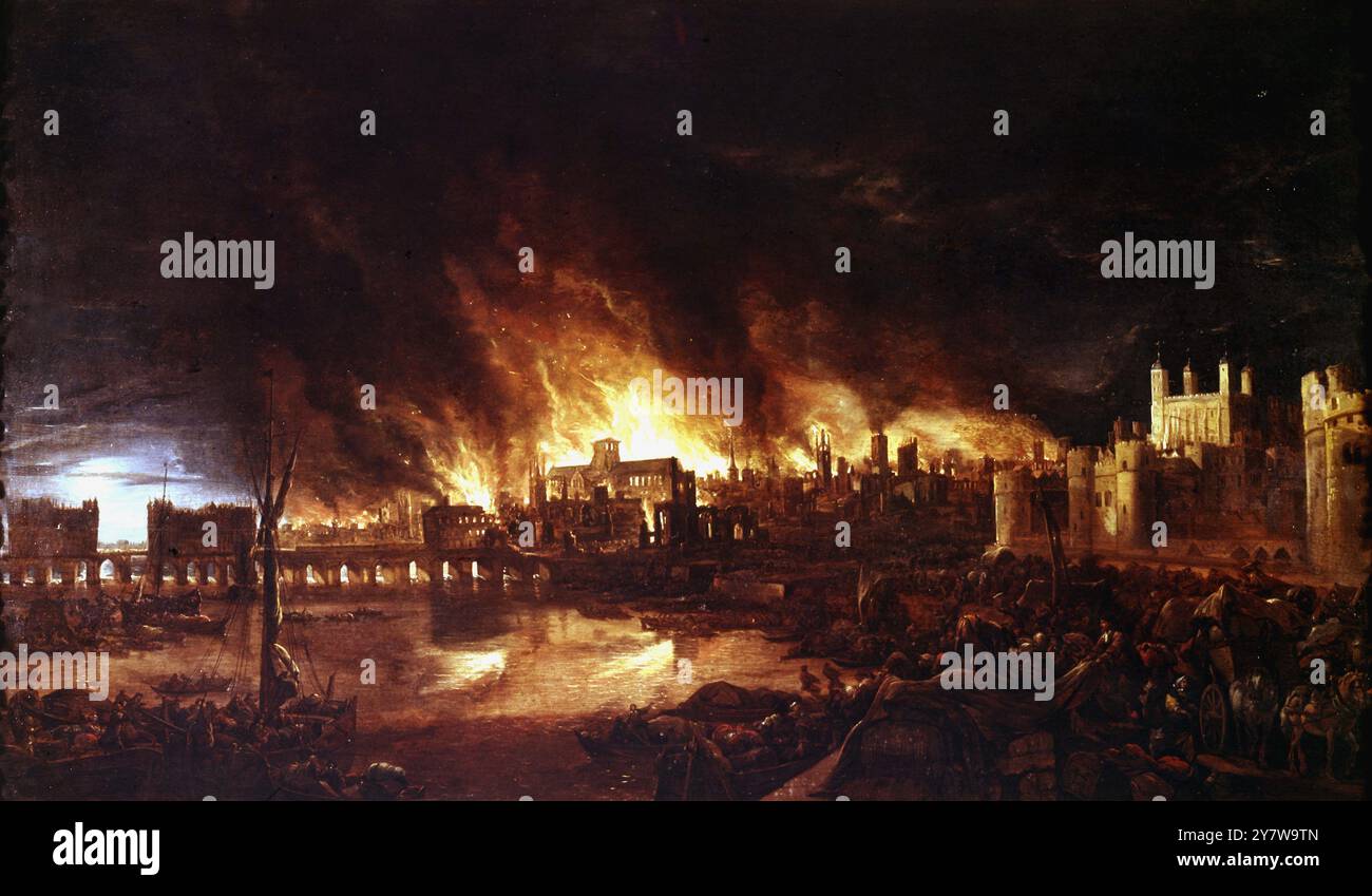 Detail of painting from 1666 of the Great Fire of London by an unknown ...