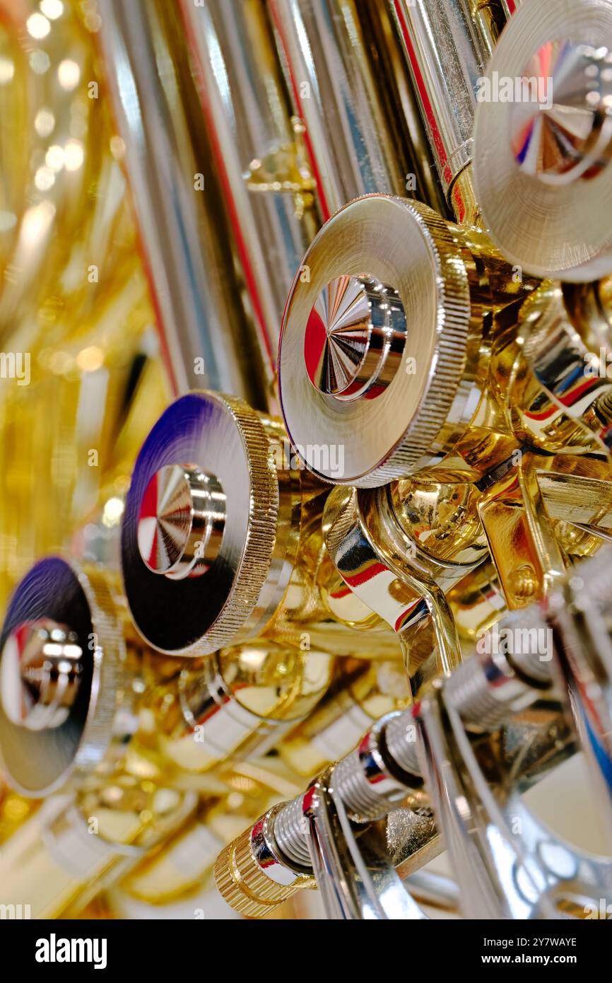 Generic valved brass musical instrument. Close up shot, abstract ...