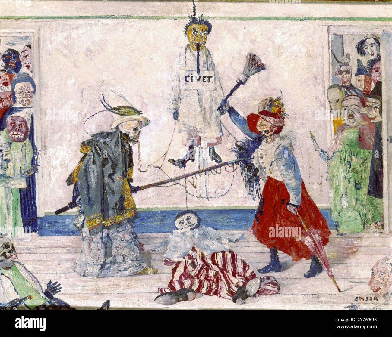 Skeletons disputing before a hanged man (1891) by James Ensor  In the Koninlijk (?) museum Voor de Kunsten, Antwerp  This artist only became a national of the country with which he is associated in 1929, when he was well into his 60s. Known for works with dramatic imagery and strong emotional impact, he was a main influence on the German Expressionists, especially Emil Nolde. Among the grotesque figures that recur in his works are masks and skeletons, typified by 1891’s Skeletons Fighting for the Body of  a Hanged Man. Belgian artist, perhaps best known for Christ’s Entry into Brussels in 1889 Stock Photo