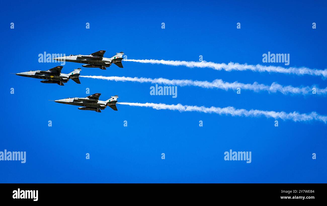 Air Show by IAF October 1, 2024, Marina Beach, Tamil Nadu, INDIA: The Indian Air Force IAF s 92nd Air Adventure Show Chennai Air Show 2024 to be held at Chennai Marina on October 6, 2024, will be joined by top adventure teams like Akash Ganga, Suryakiran and 72 aircraft, a government press release .Ahead of this a Rehearsal has been carried out at Chennai Marina Beach Credit Image: Seshadri Sukumar/ZUMA Press Wire Marina Beach Chennai INDIA Copyright: xSeshadrixSukumarx Stock Photo