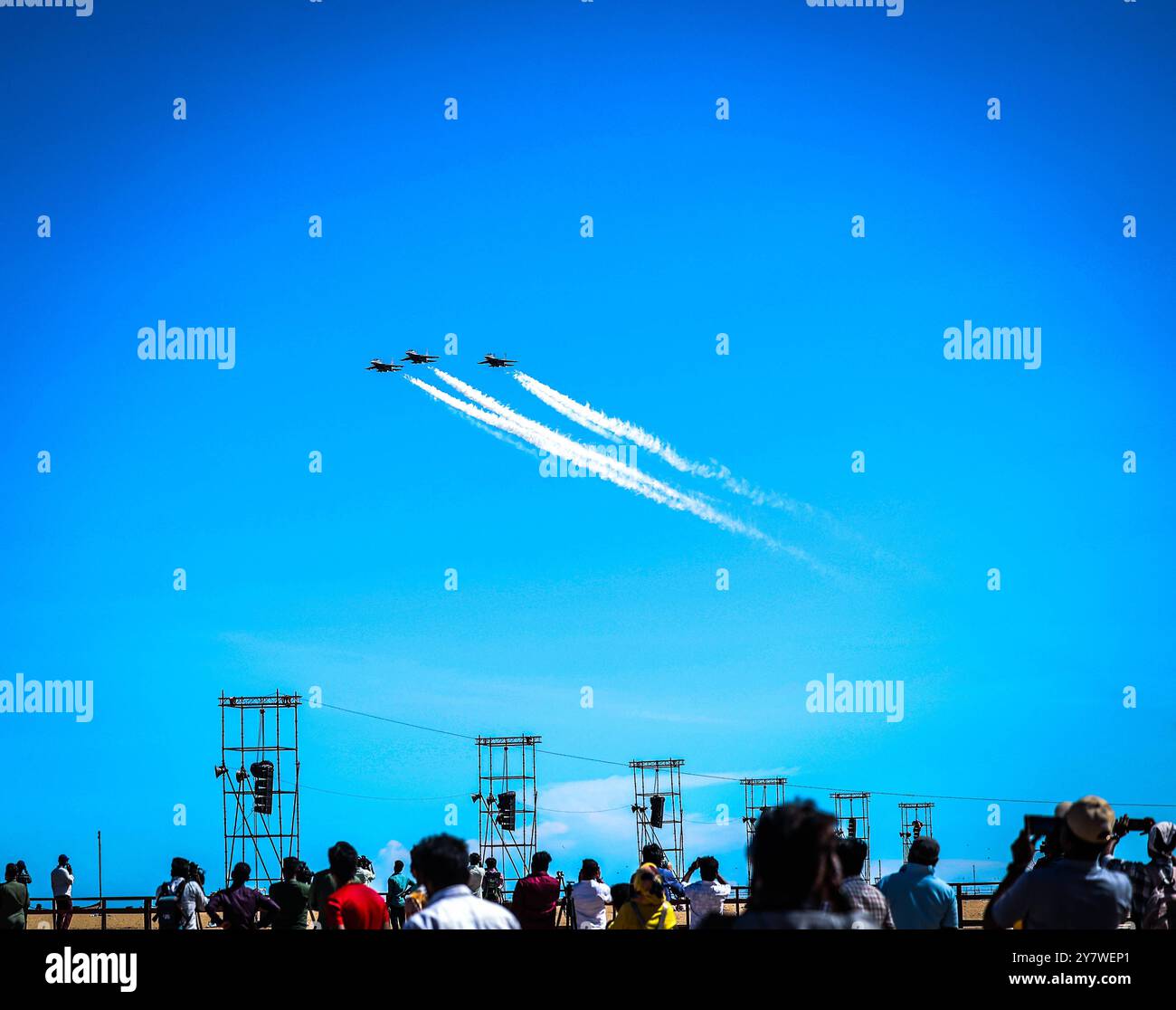 Air Show by IAF October 1, 2024, Marina Beach, Tamil Nadu, INDIA: The Indian Air Force IAF s 92nd Air Adventure Show Chennai Air Show 2024 to be held at Chennai Marina on October 6, 2024, will be joined by top adventure teams like Akash Ganga, Suryakiran and 72 aircraft, a government press release .Ahead of this a Rehearsal has been carried out at Chennai Marina Beach Credit Image: Seshadri Sukumar/ZUMA Press Wire Marina Beach Chennai INDIA Copyright: xSeshadrixSukumarx Stock Photo