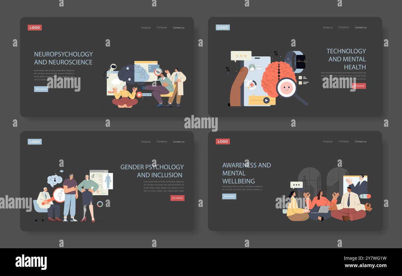 Psychology concept set. Exploration of neuropsychology, technology's ...