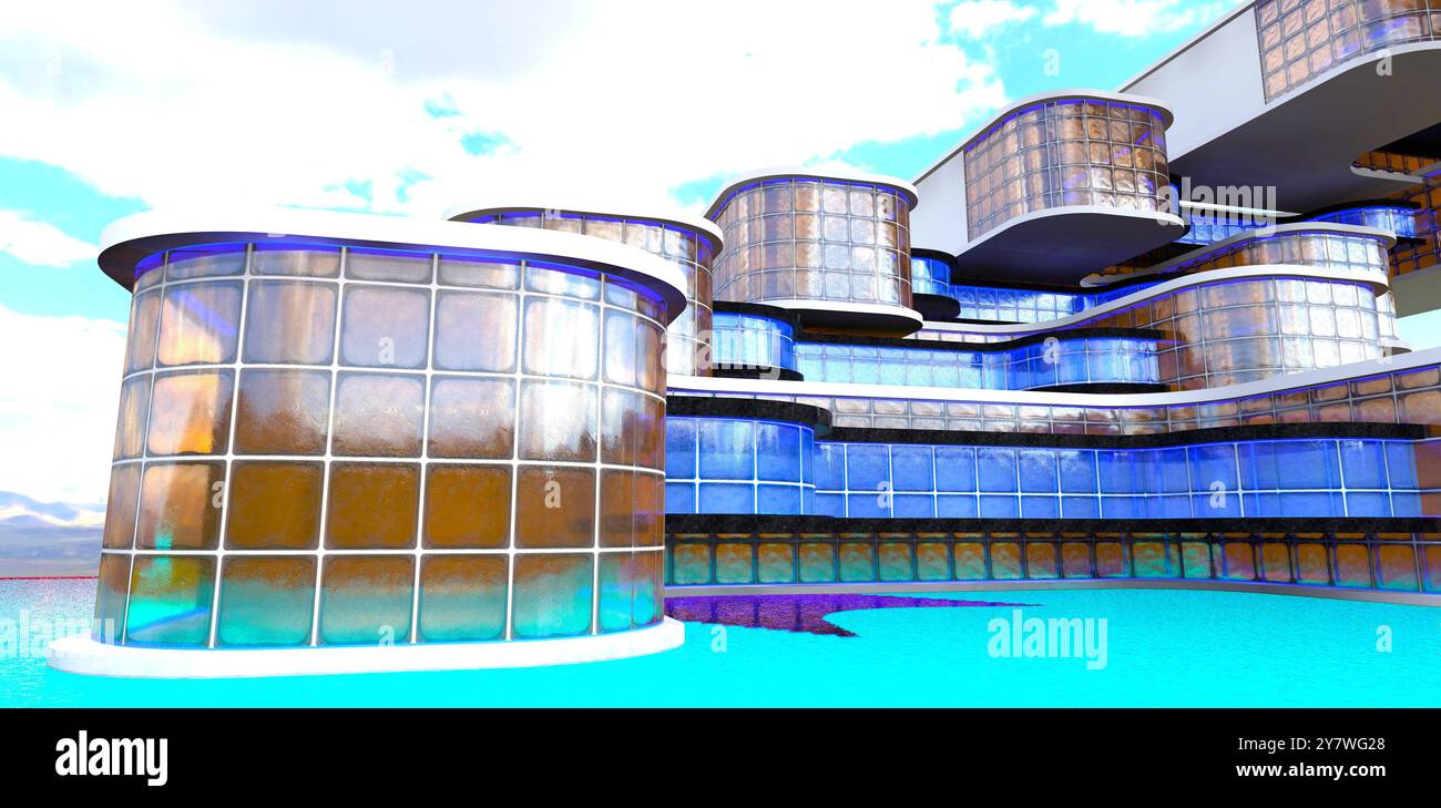 Glazed Block Rendering Futuristic design of a condominium facade with its own lake. Block ...