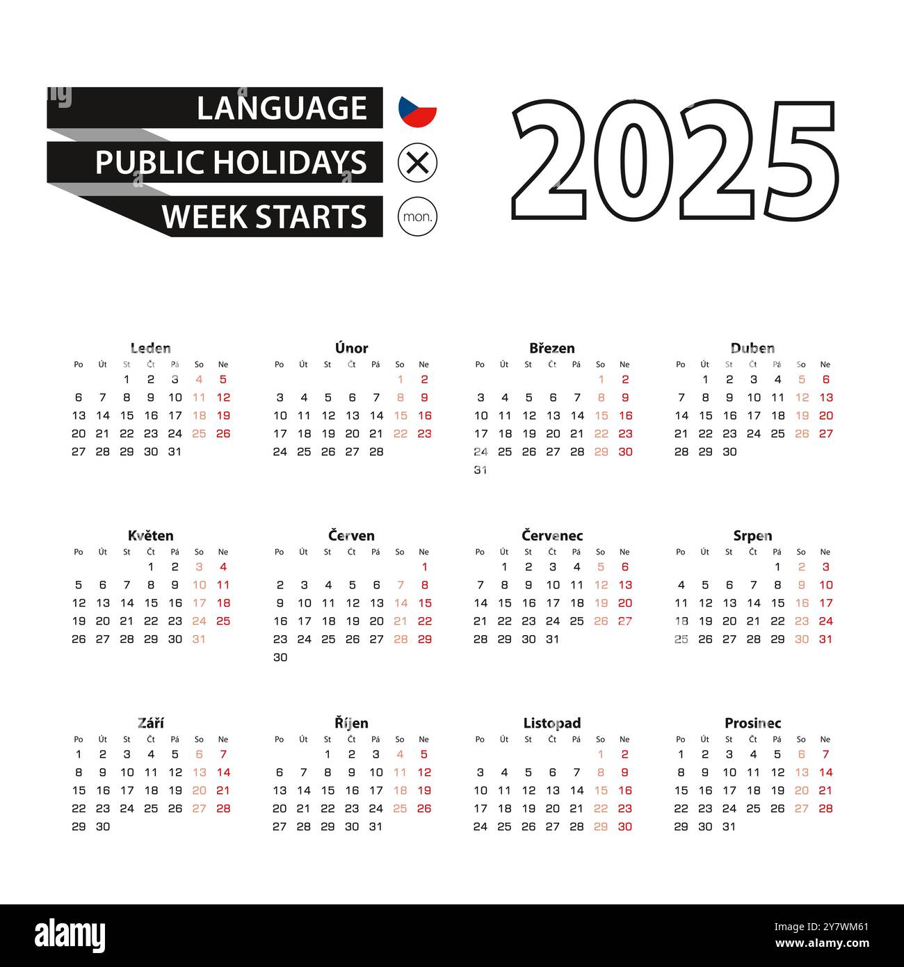 Calendar 2025 in Czech language, week starts on Monday. Vector calendar