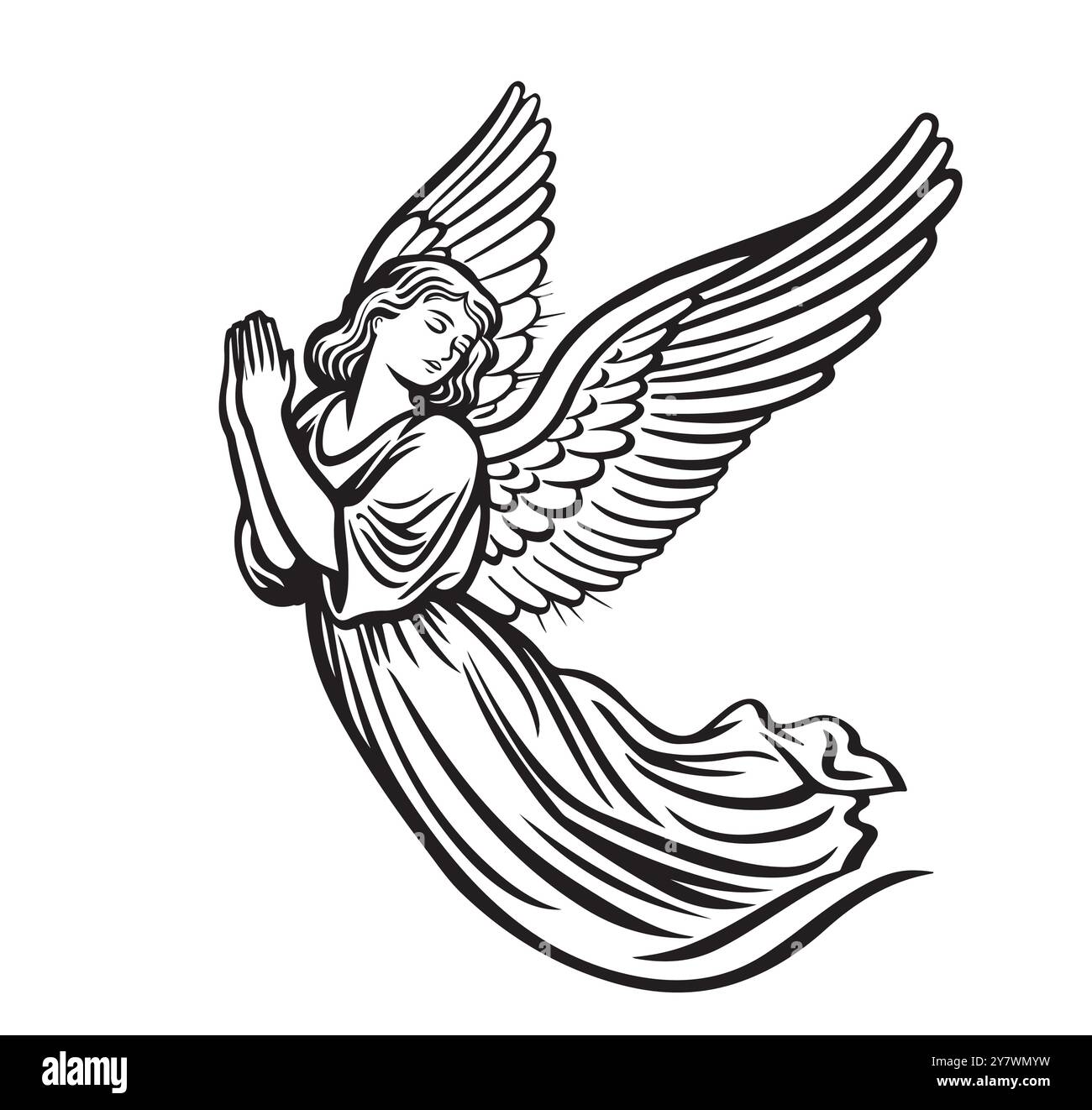 Angel Sketch. Christmas Christian Christmas drawing with black lines isolated on white background and transparent background. For coloring books and your design. Stock Vector