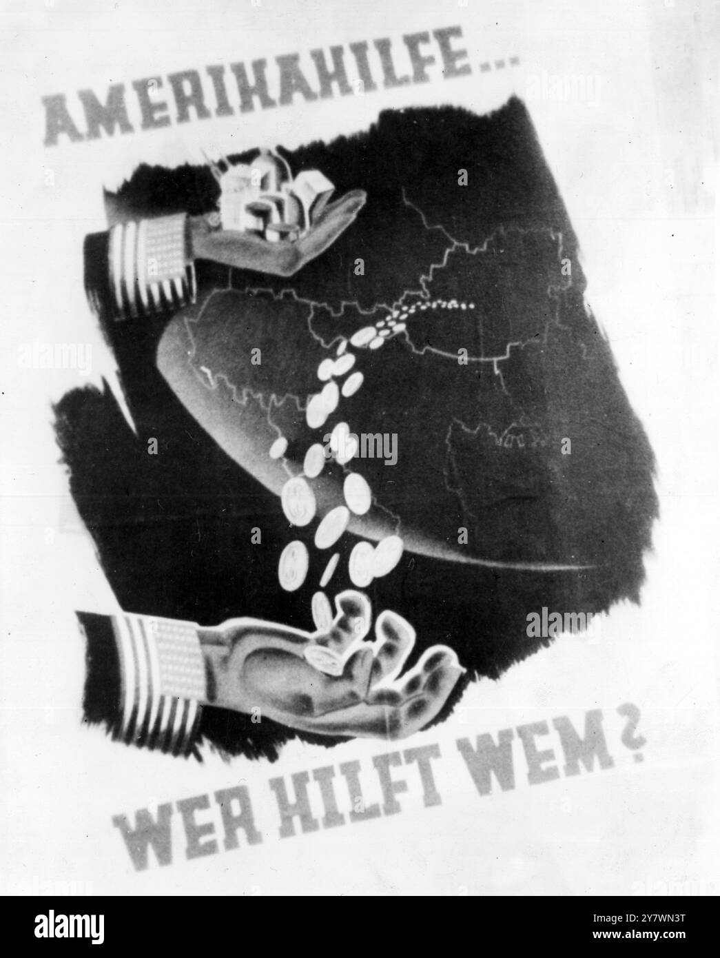 First shot in the 'poster war' between Austrian communists and the American authorities in this placard deriding the European relief programme .  The Communist-printed poster shows Uncle Sam pouring supplies into Austria with one hand and grasping a flow of dollars with the other . It reads::  'American help ...who helps whom?' .  Americans countered with a stick-on label showing the grasping hand wearing the hammer and sickle . 9 March 1948 Stock Photo