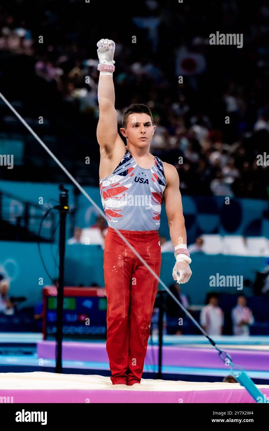 Paul Juda (USA) competing on the Horizontal bar during the Artistic Gymnastics Men's Team Final at the 2024 IOlympic Summer Games. Stock Photo