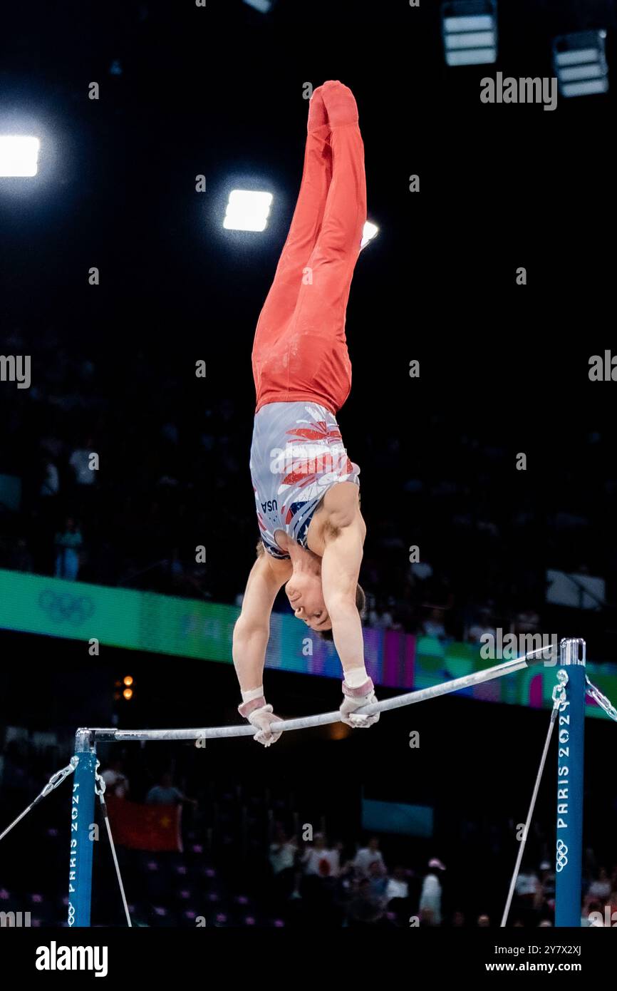 Paul Juda (USA) competing on the Horizontal bar during the Artistic Gymnastics Men's Team Final at the 2024 IOlympic Summer Games. Stock Photo