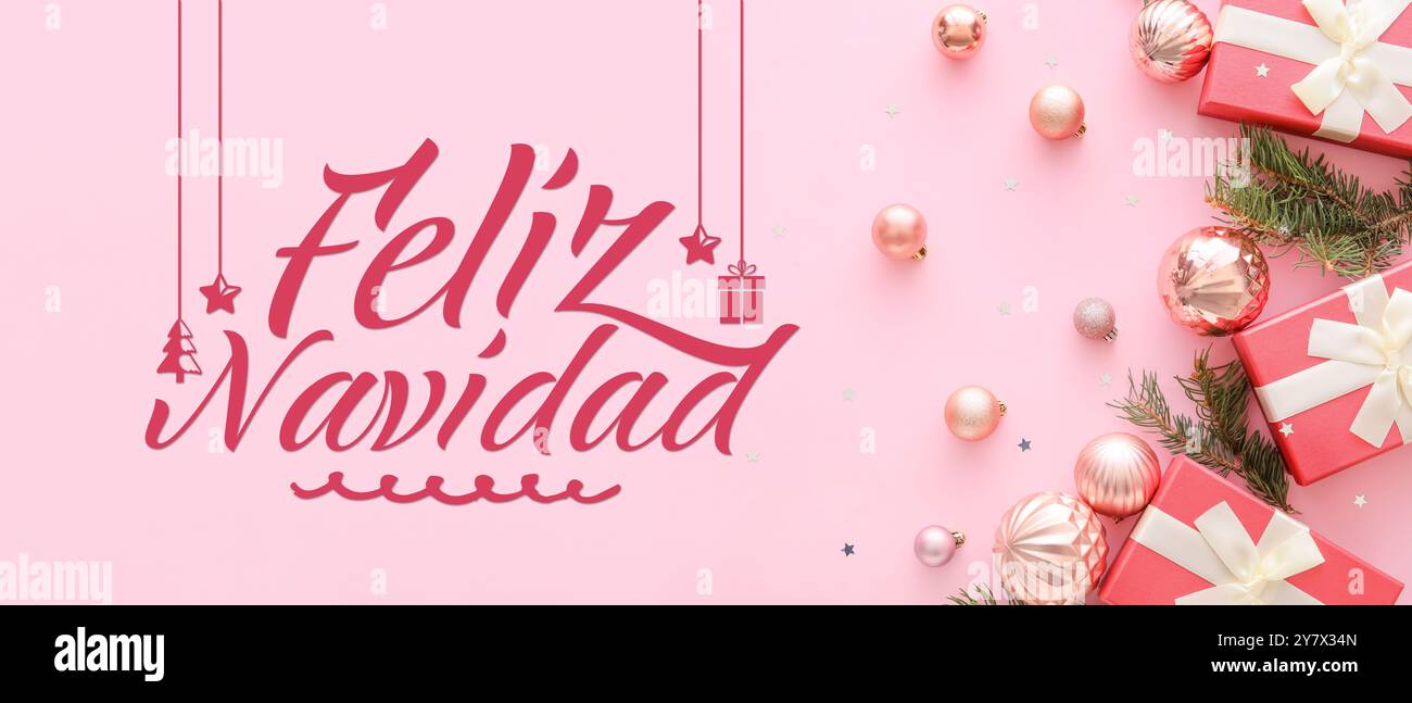 Greeting card with gifts and text FELIZ NAVIDAD (Spanish for Merry Christmas) Stock Photo