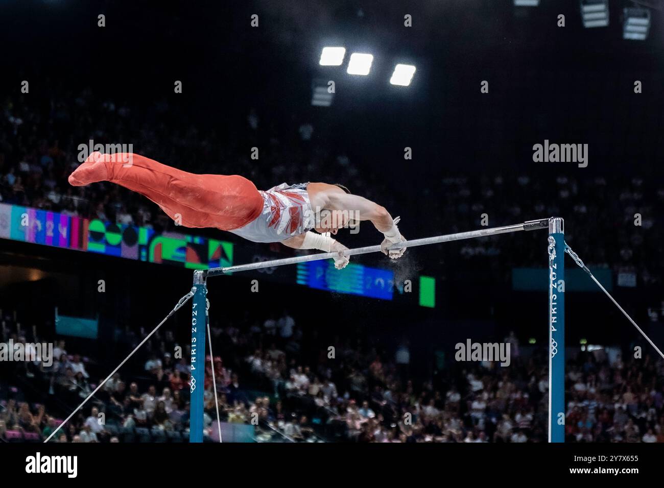 Brody Malone (USA) competing on the Horizontal bar during the Artistic Gymnastics Men's Team Final at the 2024 IOlympic Summer Games. Stock Photo