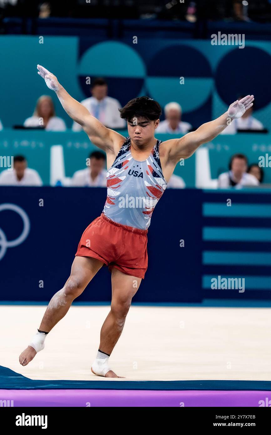 Asher Hong (USA) competing on the Floor exercise during the Artistic Gymnastics Men's Team Final at the 2024 IOlympic Summer Games. Stock Photo