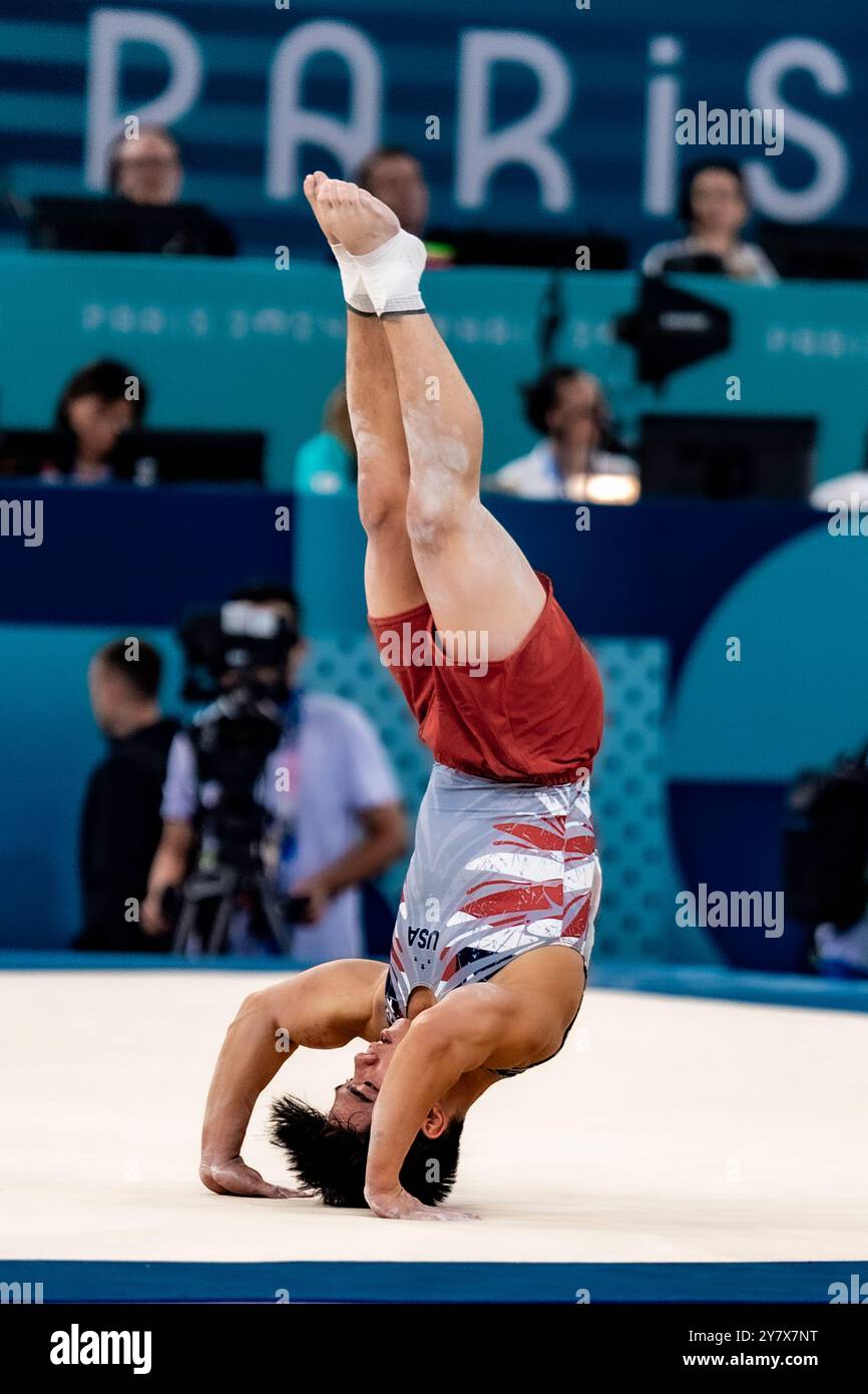 Asher Hong (USA) competing on the Floor exercise during the Artistic Gymnastics Men's Team Final at the 2024 IOlympic Summer Games. Stock Photo
