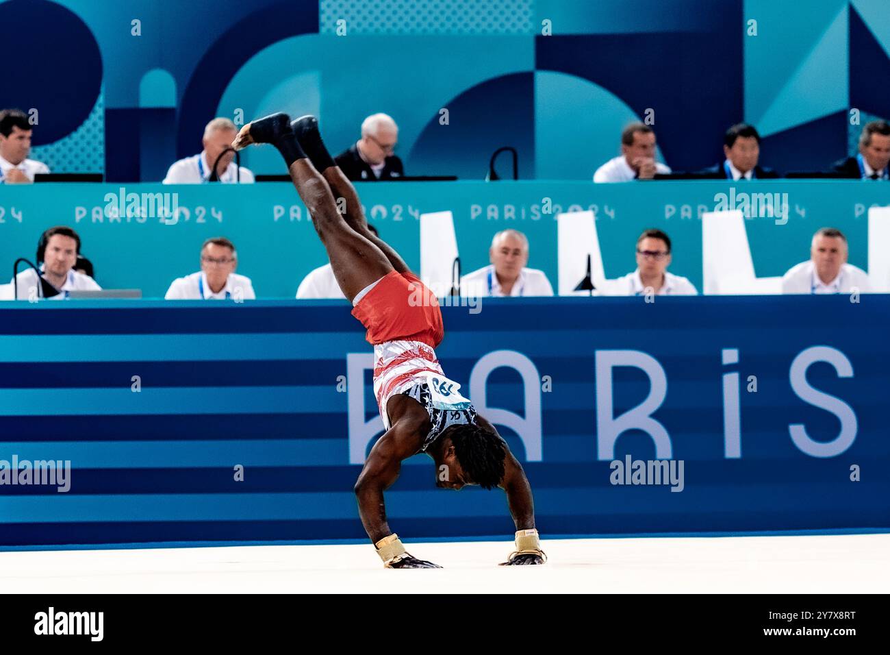 Fred Richard (USA) competing on the Floor exercise during the Artistic Gymnastics Men's Team Final at the 2024 IOlympic Summer Games. Stock Photo