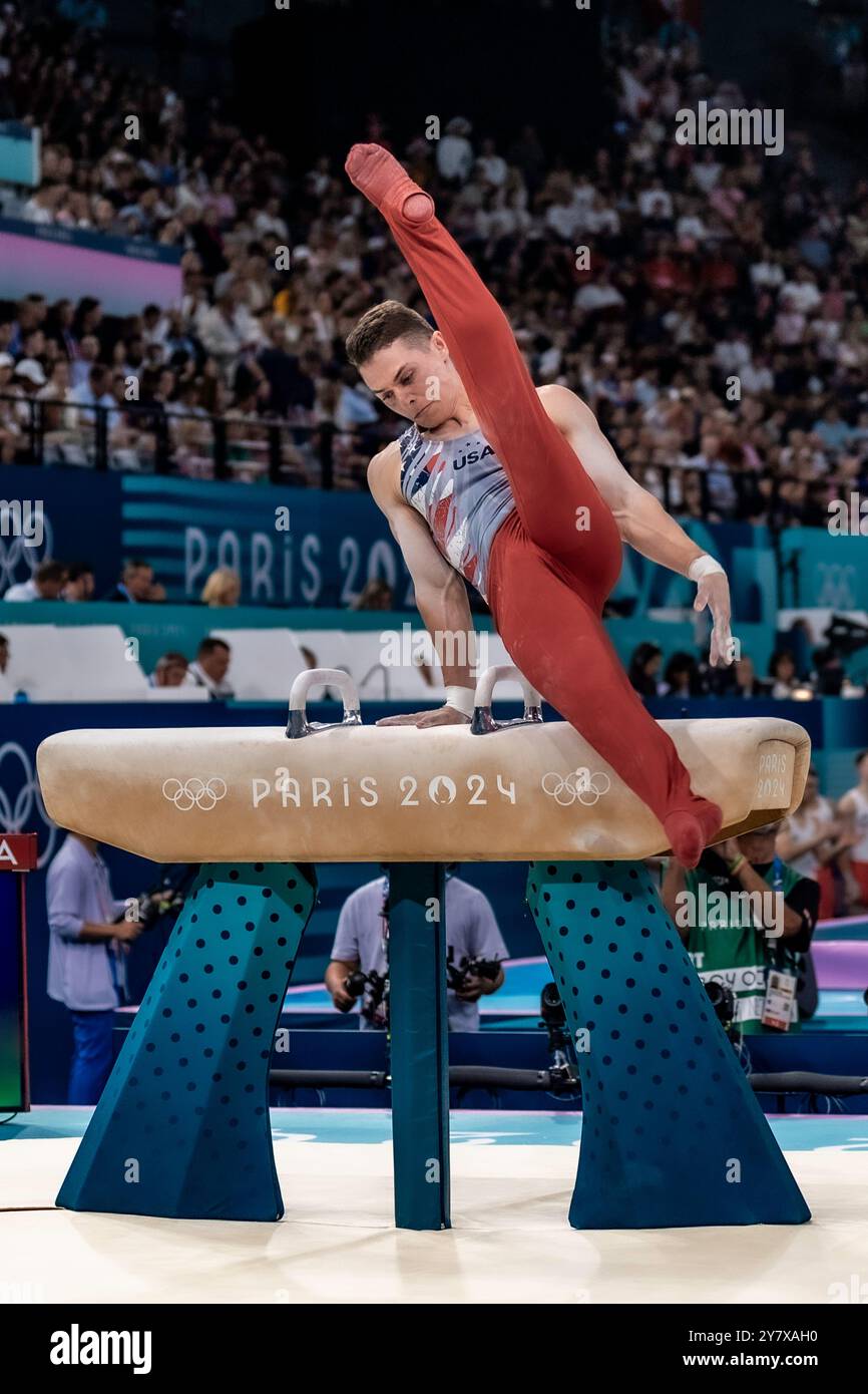 Paul Juda (USA) competing on the Pommel horse  during the Artistic Gymnastics Men's Team Final at the 2024 IOlympic Summer Games. Stock Photo