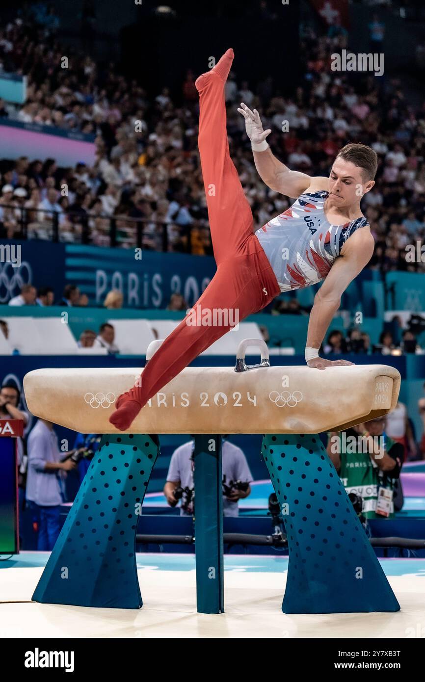 Paul Juda (USA) competing on the Pommel horse  during the Artistic Gymnastics Men's Team Final at the 2024 IOlympic Summer Games. Stock Photo