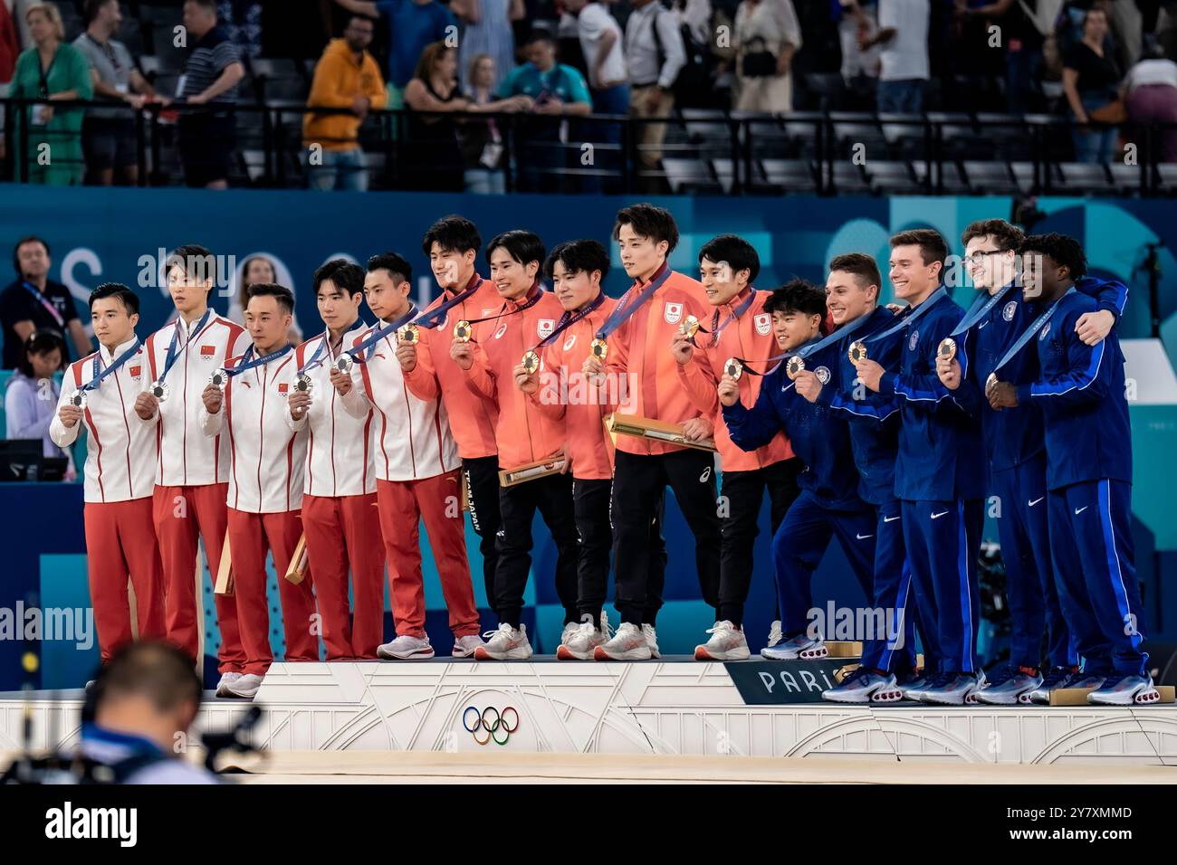 Team Japan , Gold, Team Chine, Silver and Tean USA Bronze during the Artistic Gymnastics Men's Team Final at the 2024 IOlympic Summer Games. Stock Photo