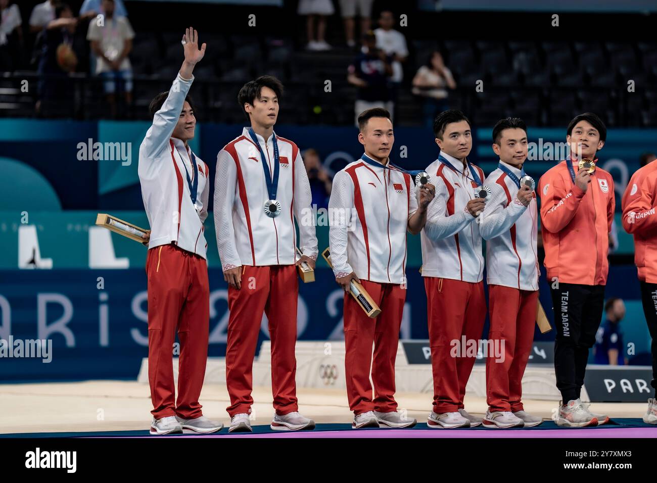 Team China, silver during the Artistic Gymnastics Men's Team Final at the 2024 IOlympic Summer Games. Stock Photo