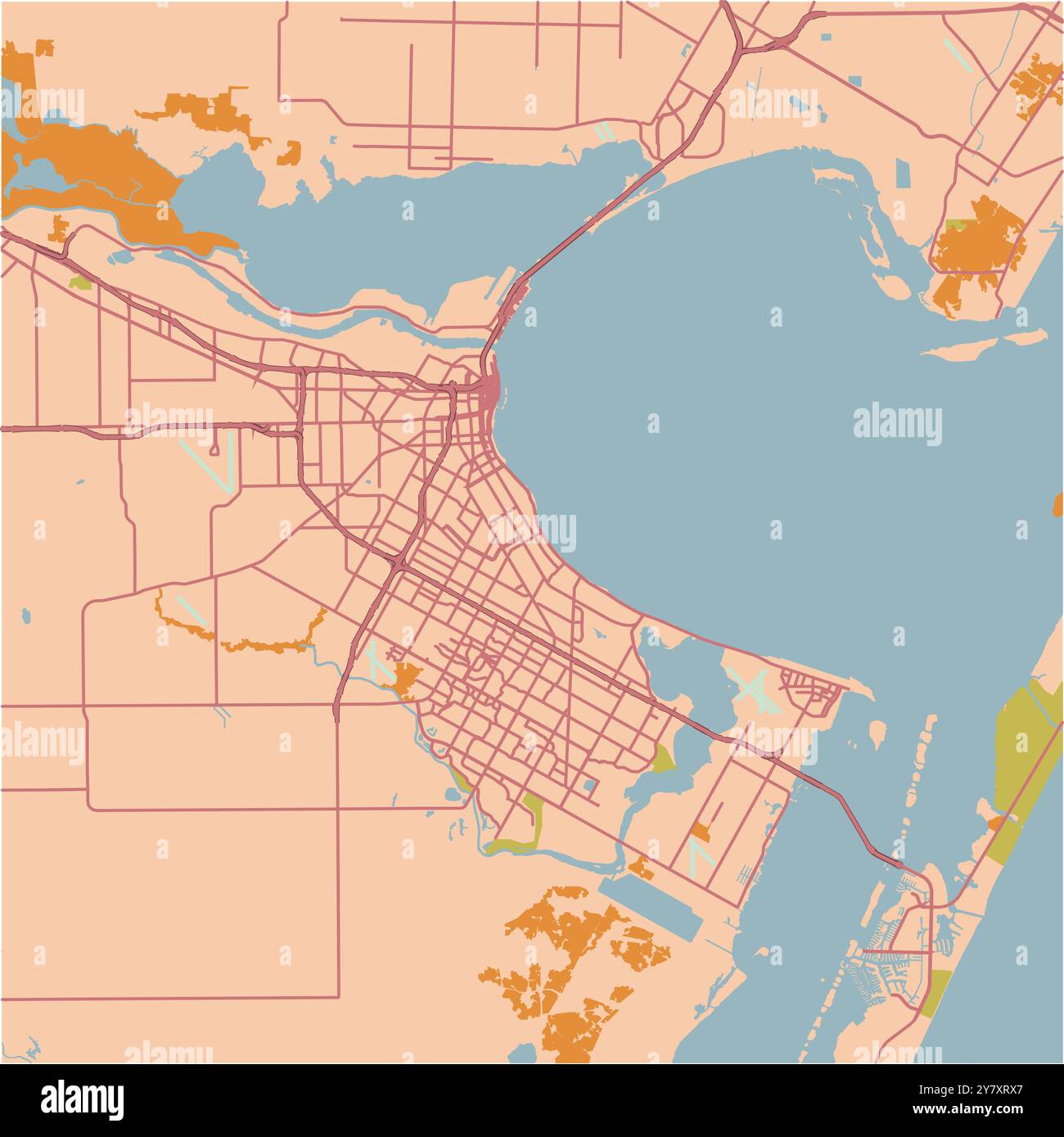 Map of Corpus Christi in Texas in a sandy theme. Contains layered vector with roads water, parks, etc. Stock Vector