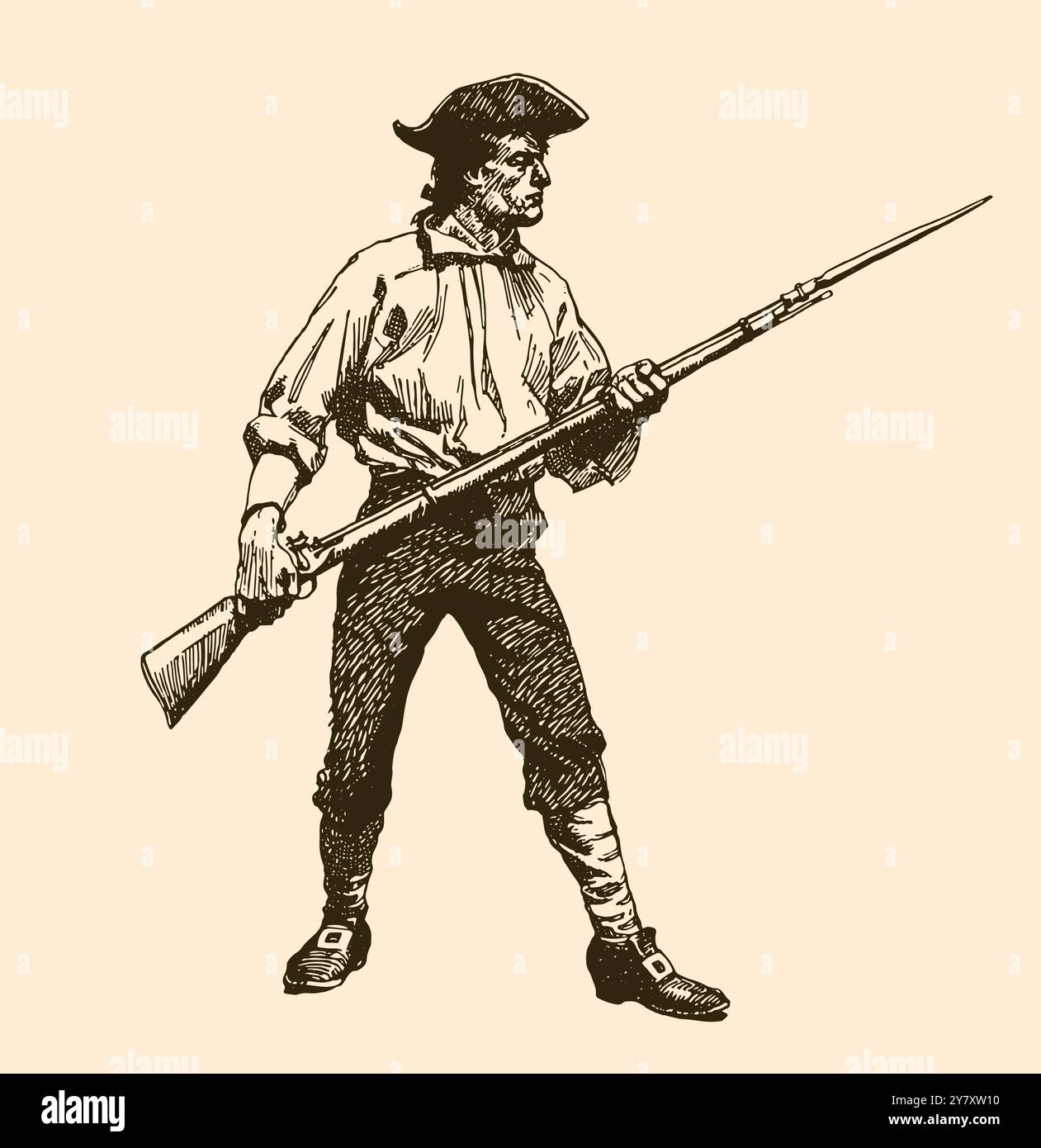 American Patriot during the American Revolutionary War holding muzzle-loading flintlock musket with bayonet, wearing tricorne hat Stock Vector