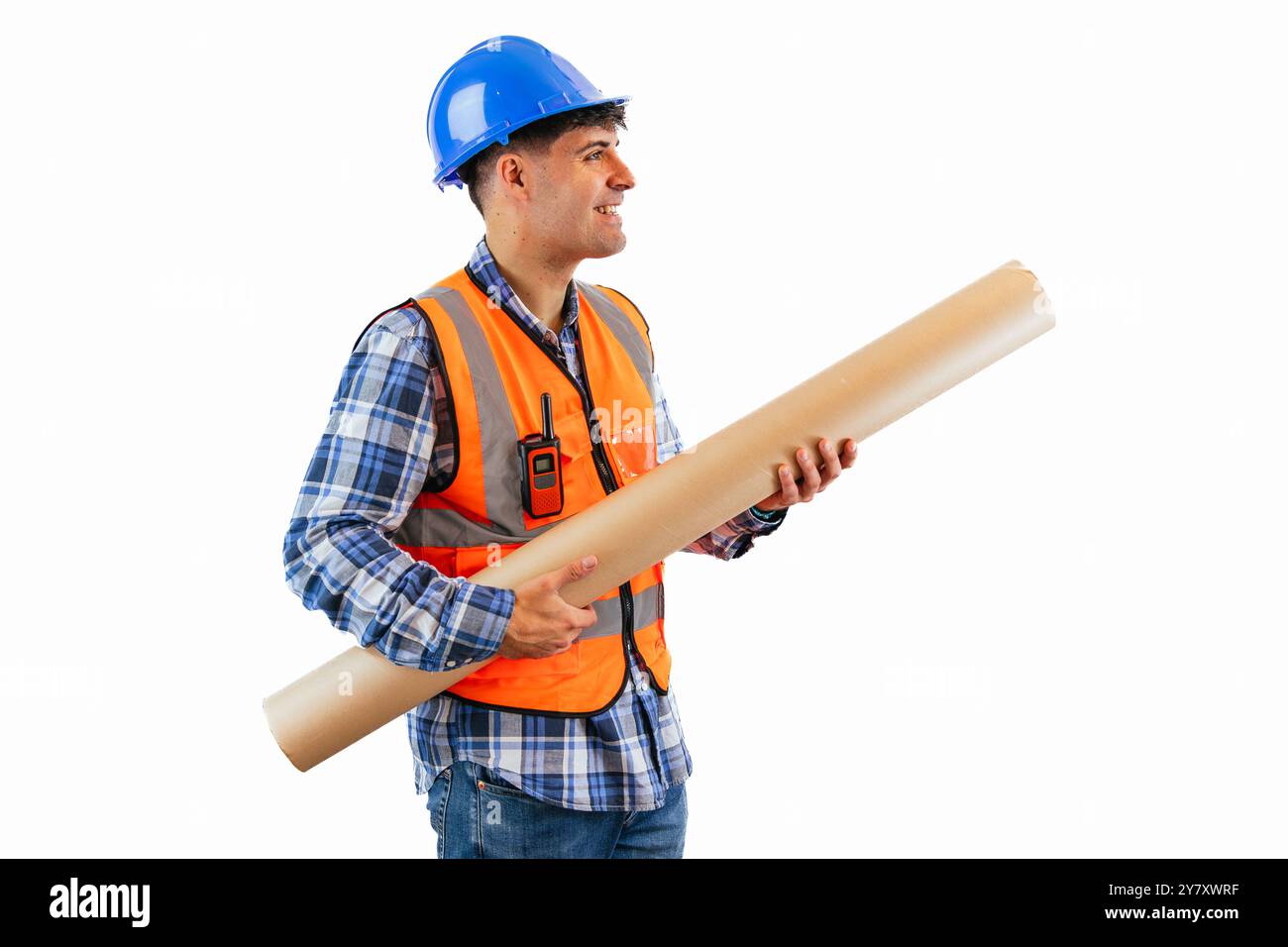 construction worker, dressed in an orange reflective vest and a safety ...