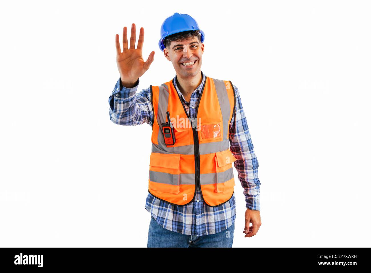 construction worker, wearing an orange reflective vest and a safety ...