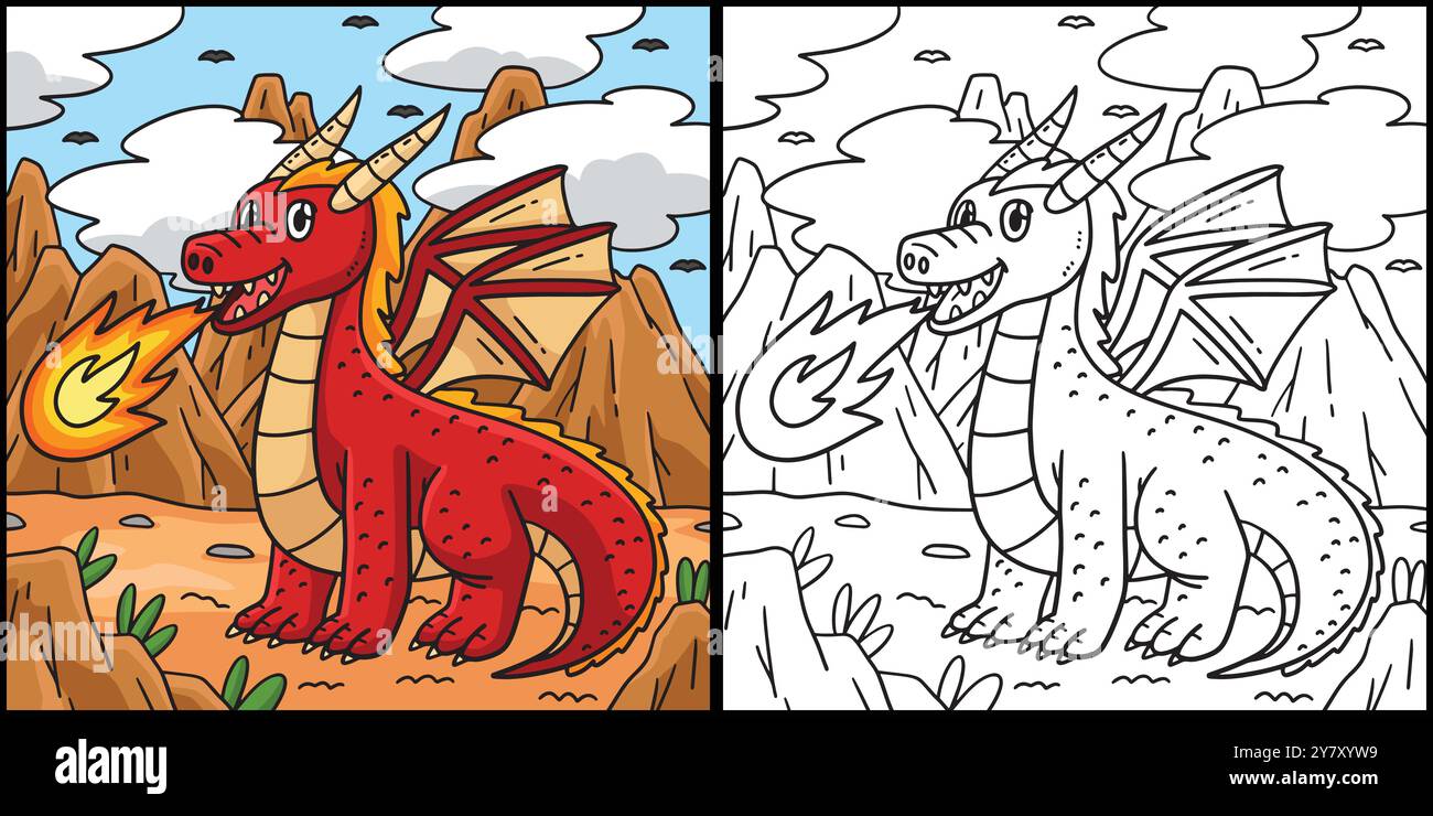 Dragon Breathing Fire Coloring Page Illustration Stock Vector Image ...