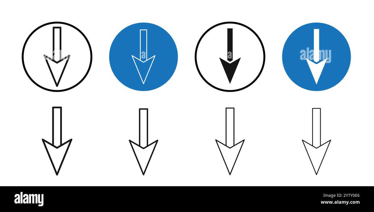 Arrow down icon Black line art vector in black and white outline set ...