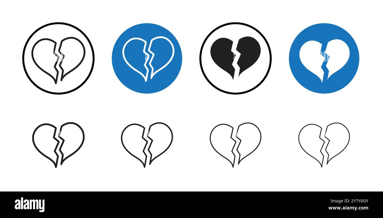 Broken heart icon Black line art vector in black and white outline set ...